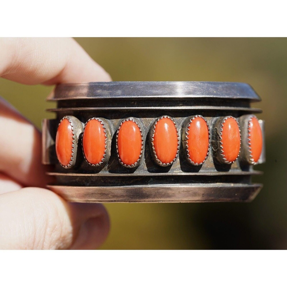 Old‎ Pawn Native American Indian Sterling Silver Coral Cuff Bracelet - Heavy